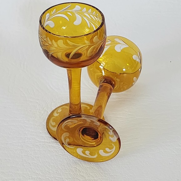 Set of 2 Amber Gold Cut to Clear Glass Liquor Cordial Glasses - Picture 5 of 8